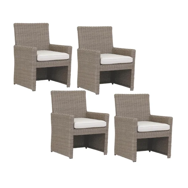Coronado 4 Piece Wicker Patio Dining Arm Chair Set W/ Sunbrella Canvas Flax Cushions By Sunset West