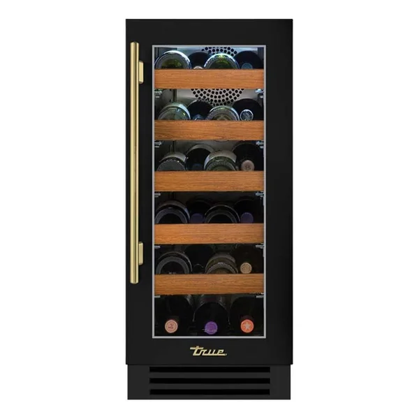 True 15 Inch 23 Bottle Right Hinge Glass Door Outdoor Wine Cabinet - Matte Black w/ Brass Handle - TWC-15-R-OG-C~DSK-027-H01