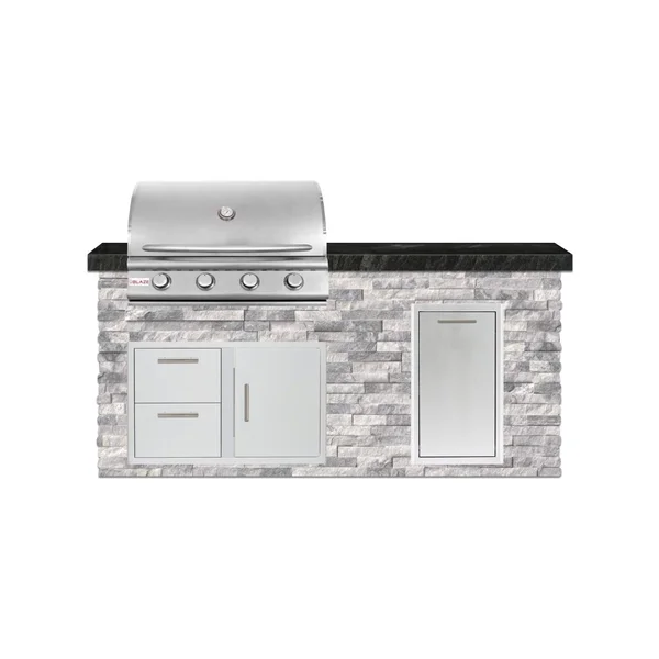 BBQGuys Signature 6 Ft Outdoor Kitchen Island w/ 32 Inch Natural Gas Blaze LBM Grill & Narrow Trash Bin | Alaska Gray w/ Black Granite