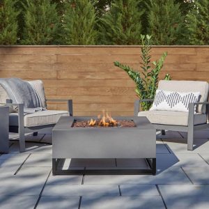 Craft Bay 4 Pc Powder Coated Steel Seating Set w/ 36 Inch Square Fire Pit in Weathered Slate by Lakeview Outdoor Designs