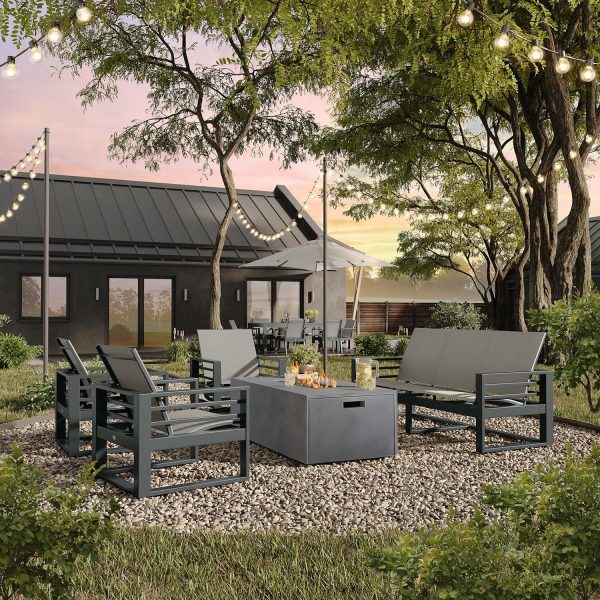 Palmero 5 Pc Aluminum Fire Pit Seating Set in Graphite/Harbor Pebble by Ebel
