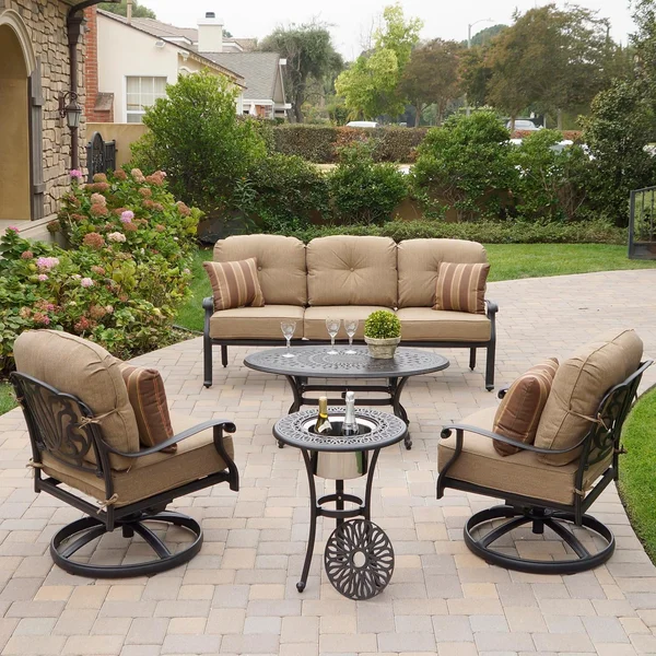 Elisabeth 5 Pc Cast Aluminum Seating Set w/ 21 X 21 Inch Oval Ice Bucket End Table & Throw Pillows in Antique Bronze/Sesame by Darlee