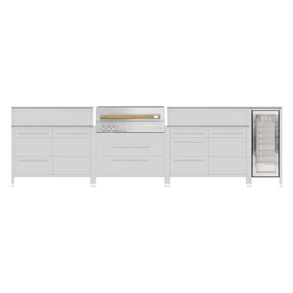 Burnout BBQ Modular Front - Lit Outdoor Kitchen Island w/ Flammkraft Model D Built-In Grill, Caso 4.4 Cu Ft. Refrigreator, Double Drawers, Propane Pullout, and Pullout Waste Bins - Dust