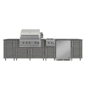 WeatherStrong Nassau 10 1/2 Ft Outdoor Kitchen Island w/ DCS Natural Gas Grill, Side Burner & Refrigerator in Dark Ash/Midnight Ice
