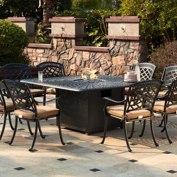 Sedona 9 Pc Cast Aluminum Fire Pit Dining Set w/ 64 Inch Square Signature Table in Antique Bronze/Sesame by Darlee