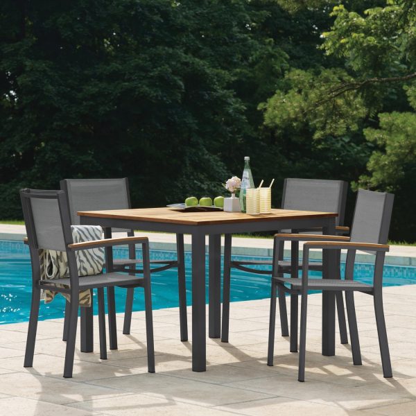 Travira 5 Pc Composite Sling & Aluminum Dining Set W/ Natural Tekwood Arm Caps & Table Top in Carbon/Titanium By Oxford Garden