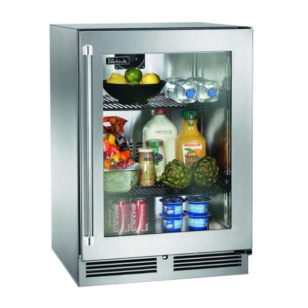 Perlick 24-Inch Signature Series Shallow Depth Marine & Coastal Series Stainless Steel Glass Door Outdoor Refrigerator W/ Door Lock - Right Hinge - HH24RM-4-3RL
