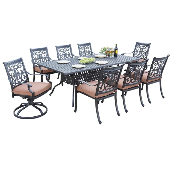 St. Cruz 9 Pc Cast Aluminum Dining Set w/ 84 X 42 Inch Table & 2 Swivel Rockers in Antique Bronze/Spicy Chili by Darlee