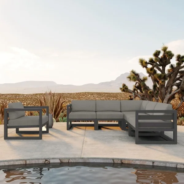 Misty Cove 6 Pc Aluminum Seating Set w/ Sectional in Slate/Canvas Charcoal by Lakeview Outdoor Designs