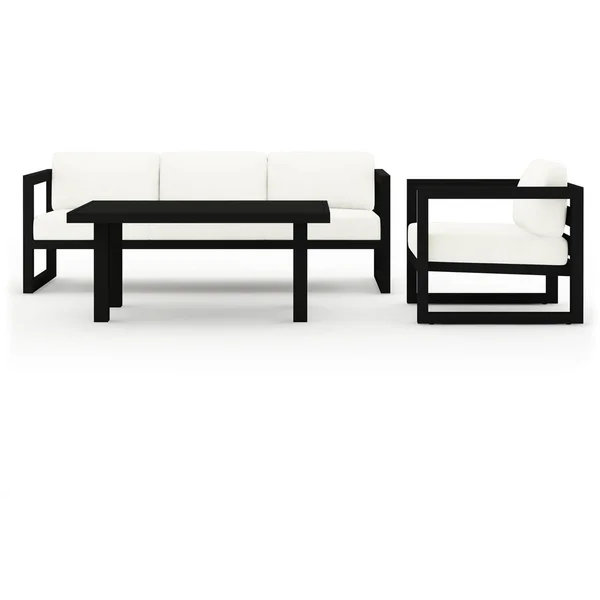 Misty Cove 3 Pc Aluminum Seating Set w/ Sofa & Classic Chat Table in Black/Canvas Natural by Lakeview Outdoor Designs