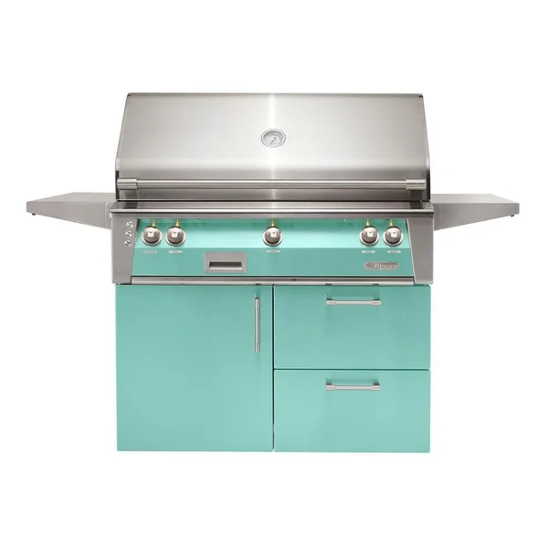 Alfresco ALXE 42-Inch Freestanding Natural Gas Grill On Deluxe Cart With Sear Zone And Rotisserie in Light Green - ALXE-42SZCD-NG-S6027