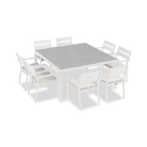 Calm Bay 9 Pc Square Aluminum Dining Set in White/Canvas Natural by Lakeview Outdoor Designs