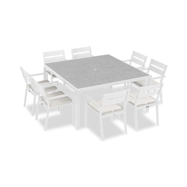 Calm Bay 9 Pc Square Aluminum Dining Set in White/Canvas Natural by Lakeview Outdoor Designs