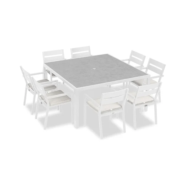 Calm Bay 9 Pc Square Aluminum Dining Set in White/Canvas Natural by Lakeview Outdoor Designs
