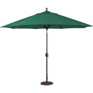 Galtech 11 Ft. Lighted LED Octagonal Aluminum Patio Market Umbrella W/ Crank Lift And Auto Tilt - Antique Bronze Frame W/ Sunbrella Canvas Forest Green Canopy