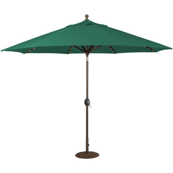 Galtech 11 Ft. Lighted LED Octagonal Aluminum Patio Market Umbrella W/ Crank Lift And Auto Tilt - Antique Bronze Frame W/ Sunbrella Canvas Forest Green Canopy