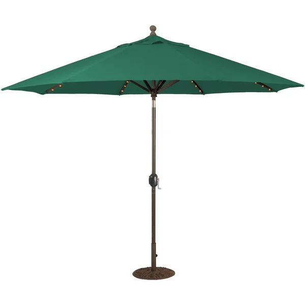 Galtech 11 Ft. Lighted LED Octagonal Aluminum Patio Market Umbrella W/ Crank Lift And Auto Tilt - Antique Bronze Frame W/ Sunbrella Canvas Forest Green Canopy