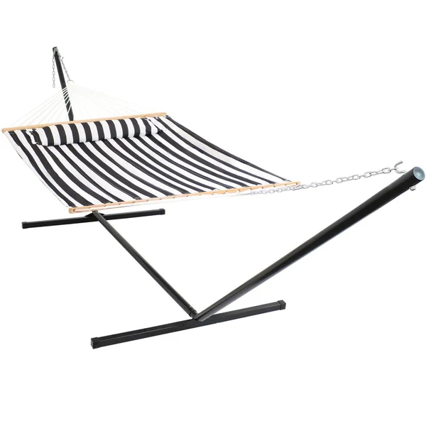 Ultimate Patio Quilted Double Hammock w/ 15-Foot Steel Beam Stand & Pillow - Black Stripe