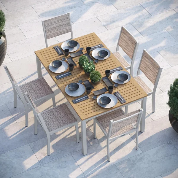 Travira 7 Pc Composite Sling & Aluminum Dining Set W/ Natural Tekwood in Flint/Bellows By Oxford Garden