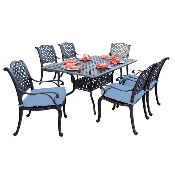 Nassau 7 Pc Cast Aluminum Dining Set w/ 72 X 42 Inch Series 30 Table in Antique Bronze/Blue by Darlee