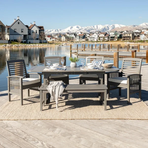 Ultimate Patio Cozy View 6 Piece Acacia Patio Dining Set W/ 55-79 X 35 Inch Extension Rectangular Table - Gray Wash