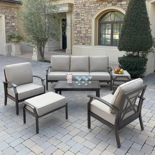 Atlantis 6 Pc Aluminum Seating Set w/ Sofa, 2 Club Chairs & 2 Ottomans in Walnut/Beige by Darlee