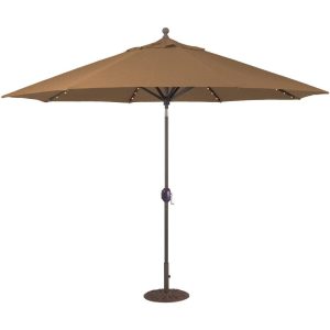 Galtech 11 Ft. Lighted LED Octagonal Aluminum Patio Market Umbrella W/ Crank Lift And Auto Tilt - Black Frame W/ Sunbrella Canvas Teak Canopy