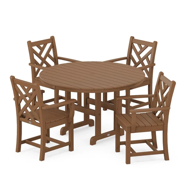 POLYWOOD Chippendale 5-Piece Round Arm Chair Dining Set - Teak