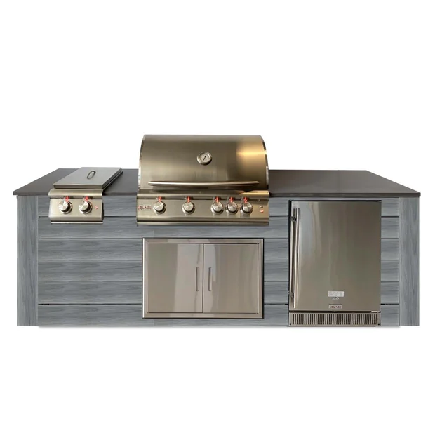Pro-Fit 8-Foot Outdoor Kitchen Island W/ Blaze LTE 32-Inch Propane Gas Grill, Double Side Burner & Refrigerator - Driftwood Grey / Grigio Piombo Satin