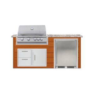 BBQGuys Signature 6 Ft Outdoor Kitchen Island w/ 32 Inch Natural Gas Blaze LTE+ Grill & Refrigerator | Chai Cedar w/ White Granite
