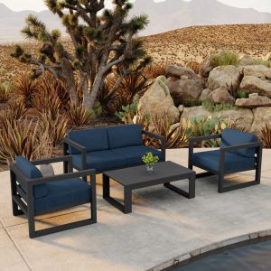 Misty Cove 4 Pc Aluminum Seating Set w/ Portal Coffee Table Slate/Spectrum Indigo by Lakeview Outdoor Designs