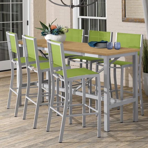 Travira 7 Piece Aluminum Patio Bar Set W/ 72 X 30 Inch Rectangular Tekwood Natural Table By Oxford Garden - Go Green Sling
