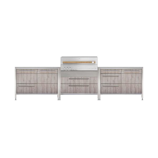 Burnout BBQ Modular Fully Lit Outdoor Kitchen Island w/ Flammkraft Model D Built-In Grill, Triple Drawers, Propane Pullout, and Pullout Waste Bins - Oak