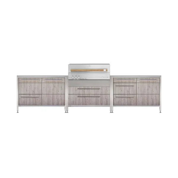 Burnout BBQ Modular Front - Lit Outdoor Kitchen Island w/ Flammkraft Model D Built-In Grill, Triple Drawers, Propane Pullout, and Pullout Waste Bins - Oak