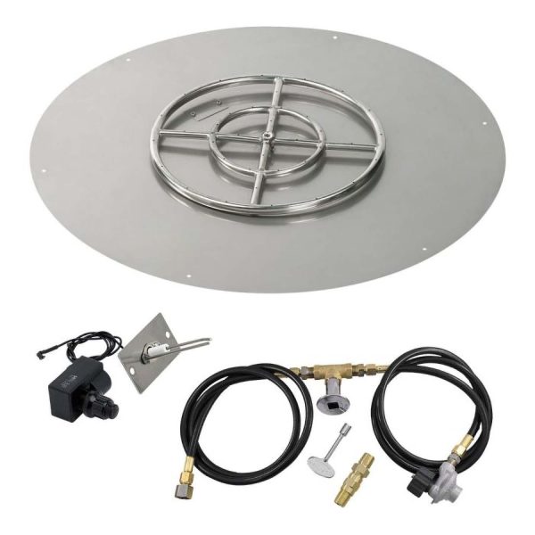 BBQGuys Signature 36 Inch Stainless Steel Round Flat Fire Pit Pan W/Spark Ignition Kit - 18 Inch Ring - Propane