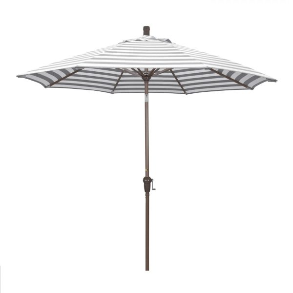 California Umbrella Sunset Series 9 Ft Octagonal Aluminum Auto Tilt Patio Umbrella W/ Crank Lift - Champagne Frame / Olefin Gray White Cabana Stripe Canopy