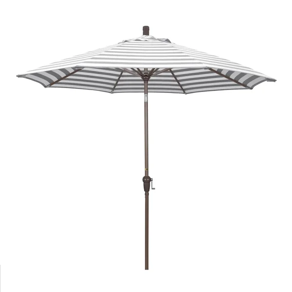 California Umbrella Sunset Series 9 Ft Octagonal Aluminum Auto Tilt Patio Umbrella W/ Crank Lift - Champagne Frame / Olefin Gray White Cabana Stripe Canopy