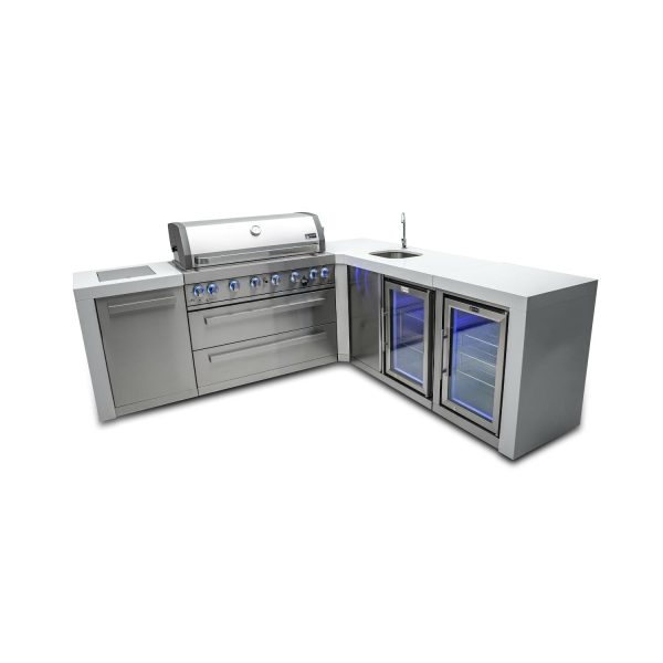 Mont Alpi 8 Ft L-Shaped Propane Outdoor Kitchen Island w/ Side Burner, Beverage Center & Fridge - MAi805-D90BEVFC