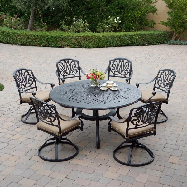 Elisabeth 7 Pc Cast Aluminum Dining Set w/ 60 Inch Round Table & Swivel Rockers in Antique Bronze/Sesame by Darlee
