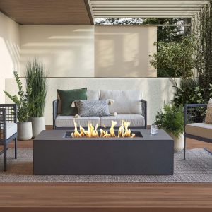Covewood 58 Inch Low Profile Rectangular Aluminum Propane Fire Pit Table w/ Hidden Propane Tank Storage in Charcoal by BBQGuys Signature