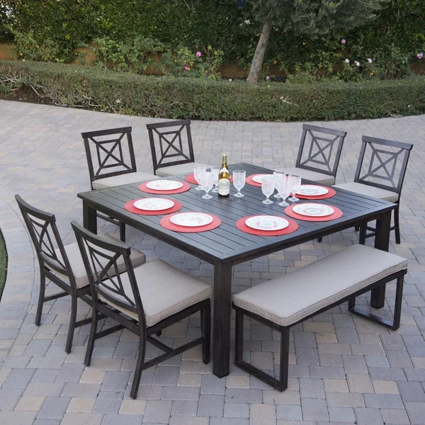 Atlantis 8 Pc Aluminum Dining Set w/ 6 Dining Side Chairs & Two Person Bench in Walnut/Beige by Darlee