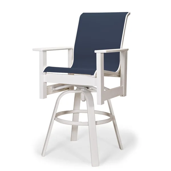 Leeward MGP Outdoor Swivel Bar Stool With Sling Seating By Telescope Casual - Textured Snow/Navy