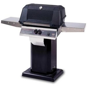 MHP WNK4DD Natural Gas Grill With Stainless Steel Shelves And Stainless Grids On Black Patio Base