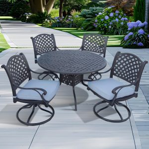 Nassau 5 Pc Cast Aluminum Dining Set w/ 48 Inch Round Series 30 Table & Swivel Rockers in Antique Bronze/Sky Blue by Darlee