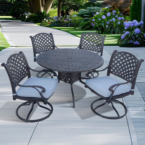 Nassau 5 Pc Cast Aluminum Dining Set w/ 48 Inch Round Series 30 Table & Swivel Rockers in Antique Bronze/Sky Blue by Darlee