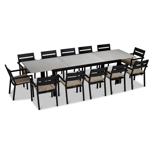 Calm Bay 13 Pc Extendable Aluminum Dining Set in Black/Concrete/Heather Beige by Lakeview Outdoor Designs