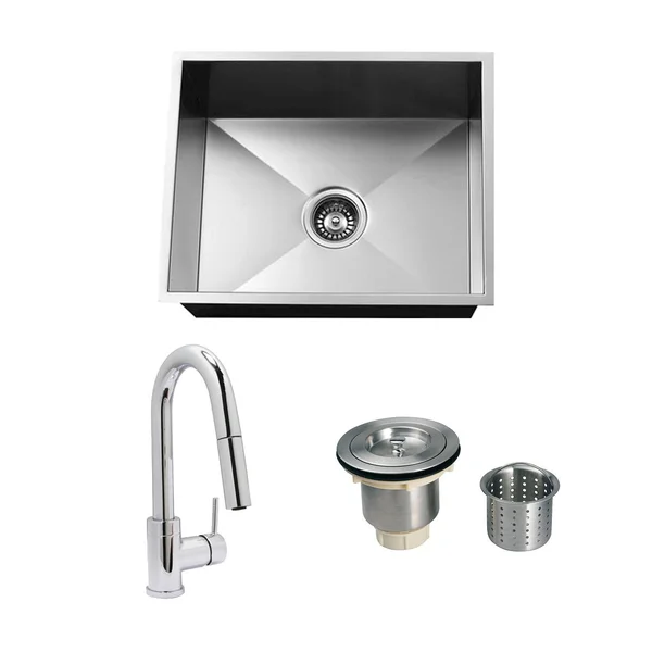 Urban Place Zero-Edge 24 X 19 Stainless Steel Outdoor Sink with Huntington Brass Dual Spray European Style Pull Down Faucet, Grid and Strainer Basket
