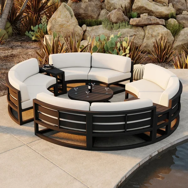 Misty Cove 7 Pc Aluminum Seating Set - Curved Sectional in Black/Canvas Natural by Lakeview Outdoor Designs