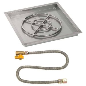 BBQGuys Signature 24 Inch Stainless Steel Square Drop-In Fire Pit Pan W/Match Light Kit - 18 Inch Ring - Natural Gas