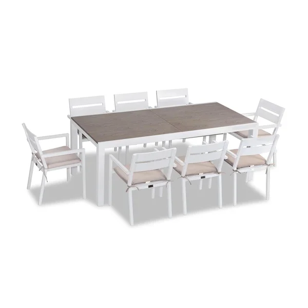 Calm Bay 9 Pc Extendable Aluminum Dining Set in White/Barnwood/Canvas Flax by Lakeview Outdoor Designs